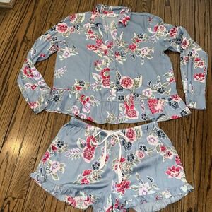 Josie Natori Women's Pajama ShortsSet Blue Pink Floral Satin Silky Ruffle Sz L